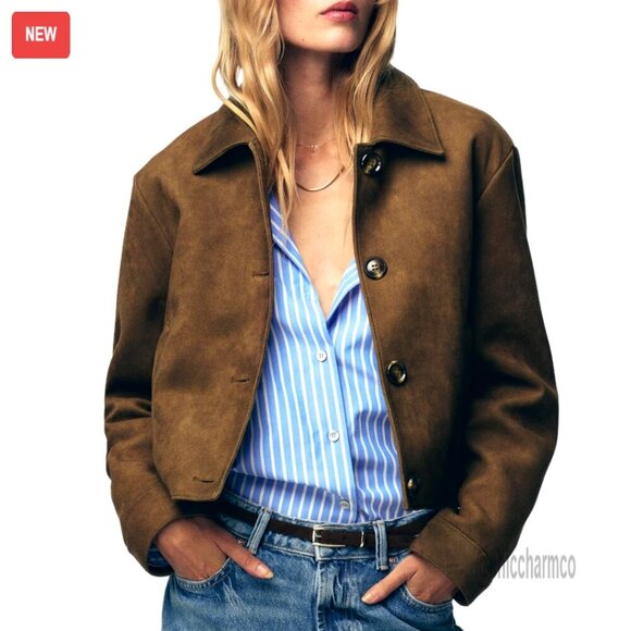 Jackets & Blazers - Faux Suede Cropped Jacket Button Down Coat Chic Casual Outerwear Fall Fashion